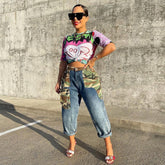 Tendance Denim Camouflage Contraste Couleur Personnalité Autocollants Sacs Pantalons Droits